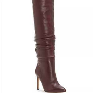 Vince Camuto Kashiana Mahogany Red Stiletto Slouched Knee High Heel Leather Boot